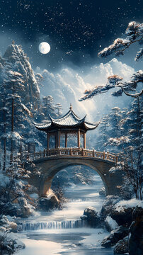 雪景月下古亭橋