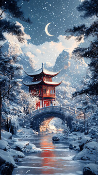 雪景月下古亭橋
