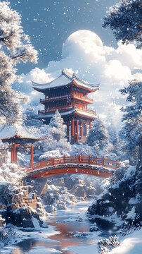 雪景月下古亭橋