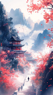 桃花流水兒童圖