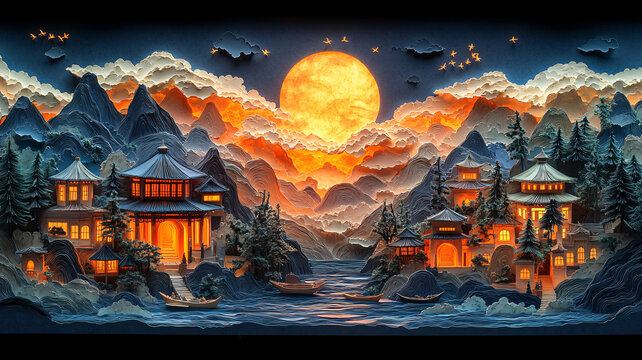 祥云夜空山水畫