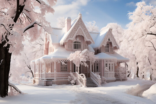 粉色雪中小屋