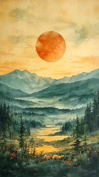 天空遠(yuǎn)山水彩畫