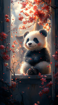熊貓窗臺(tái)賞花圖