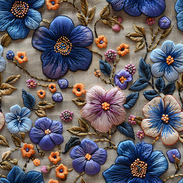 藍紫花簇刺繡設計