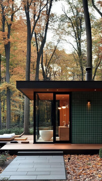 秋日森林小屋現(xiàn)代建筑風格