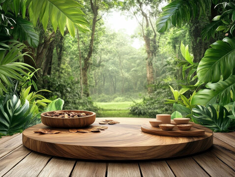 茂密森林背景下的木質(zhì)桌面展示