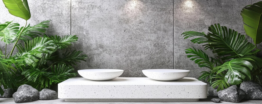 現(xiàn)代極簡混凝土展示臺與熱帶植物