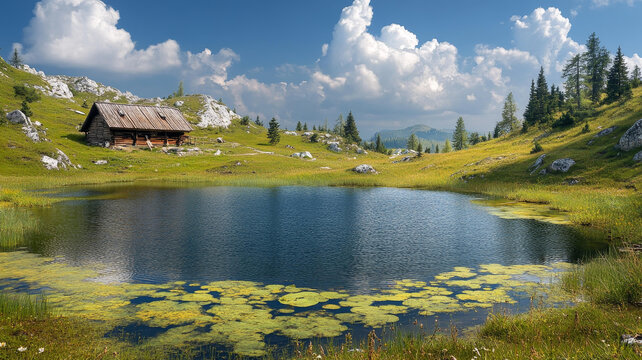 高山湖泊與木屋風(fēng)景