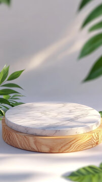 自然光下的白色大理石和木質(zhì)展示臺(tái)