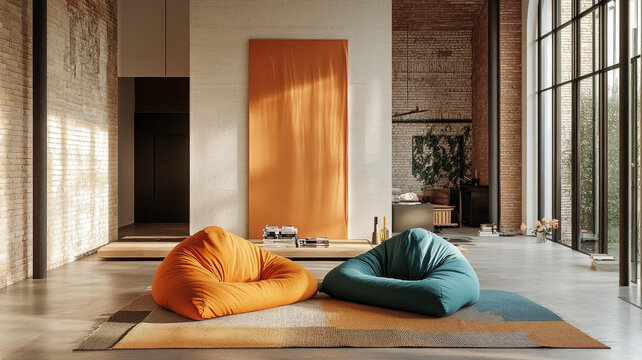 現(xiàn)代工業(yè)loft客廳橙色和青綠色抱枕椅