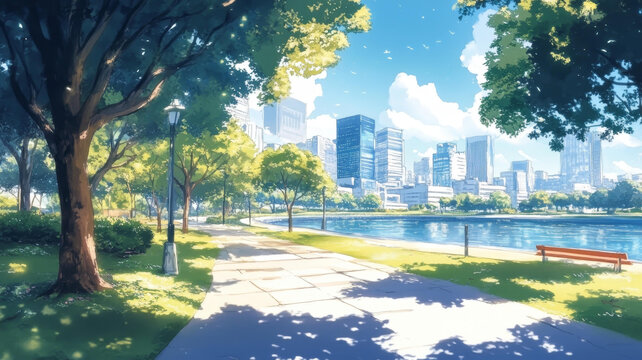 陽光明媚的城市公園美景圖畫