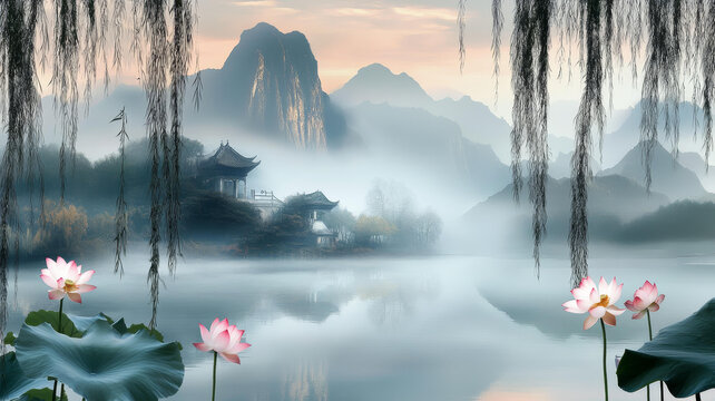 朦朧山湖古建筑與蓮花