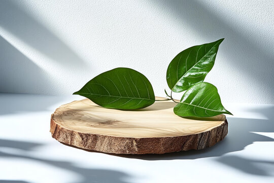 自然木質(zhì)切片與鮮綠葉子的美觀展示