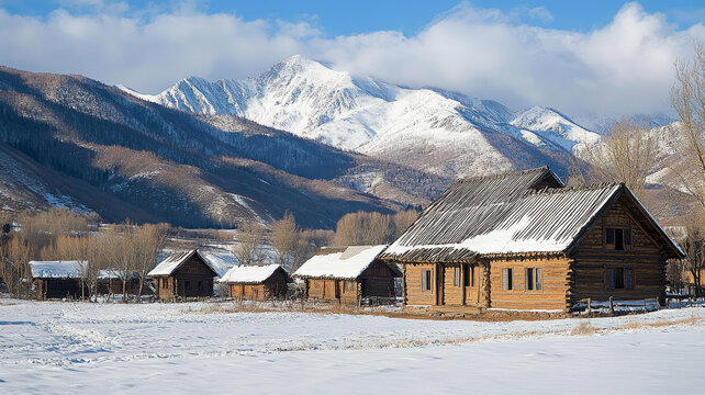 雪山村莊木屋建筑景觀