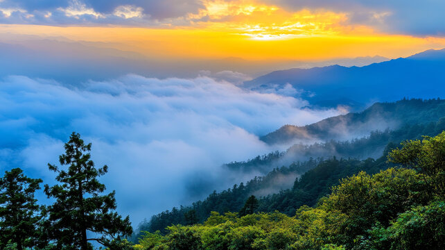 云海中的日出山峰美景