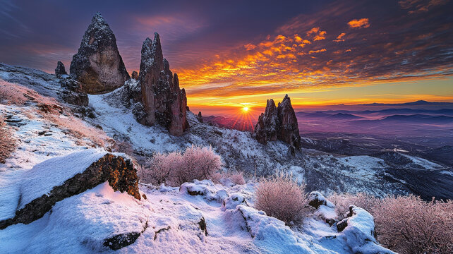 巍峨雪峰上的冬日朝陽(yáng)