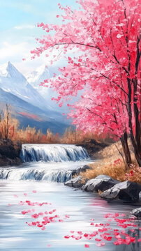 粉紅櫻花山澗溪流