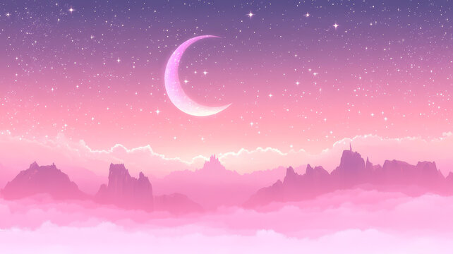 夢(mèng)幻粉嫩星空山巒景色圖