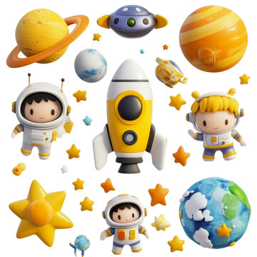 [免摳素材]卡通宇航員火箭行星和星星