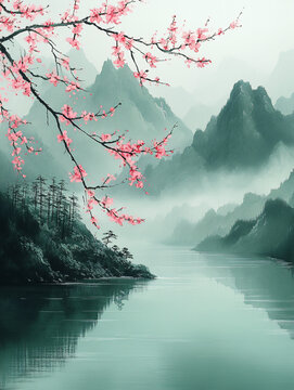春雨櫻花山水圖