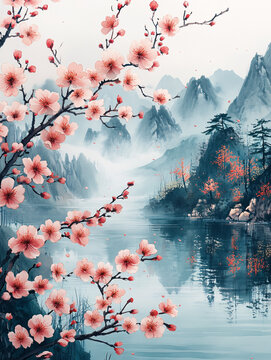 春雨櫻花山水圖