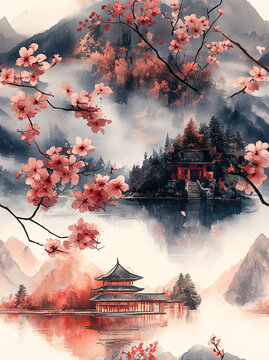 古寺云霧山水圖