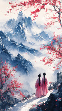 春山雪峰桃花圖
