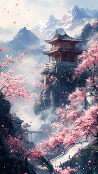 春山雪峰桃花圖