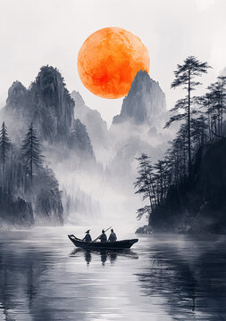 山水船行圖