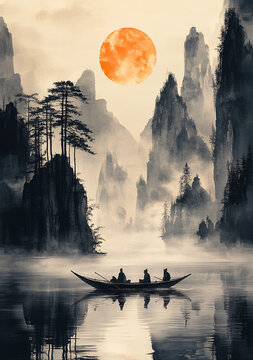 山水船行圖