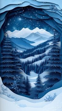 冬夜雪景紙雕圖