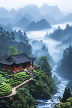 山間云霧綠梯田
