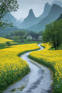 油菜花路樹遠(yuǎn)山