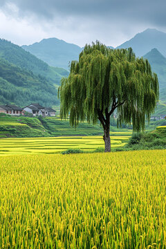 稻田遠(yuǎn)山柳樹