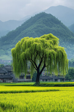 稻田遠(yuǎn)山柳樹