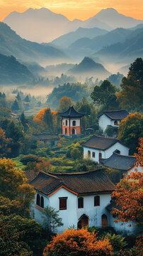 秋日山村晨光