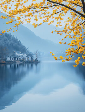 湖畔黃花樹與遠(yuǎn)山