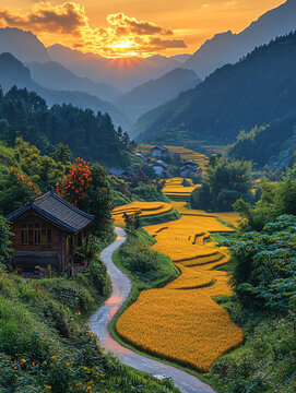金色稻田與遠(yuǎn)山