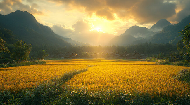 古村稻田山景