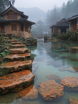 石墻木屋臨水而居