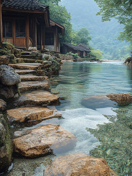 石墻木屋臨水而居