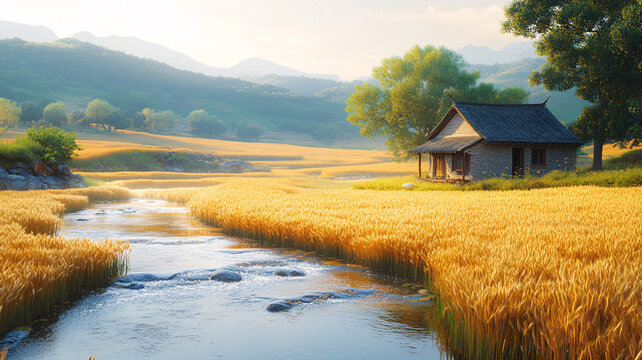 茅屋麥田溪流