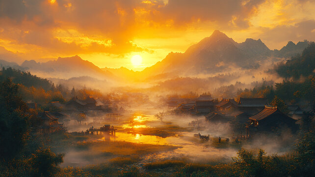 山腳村莊夕照煙