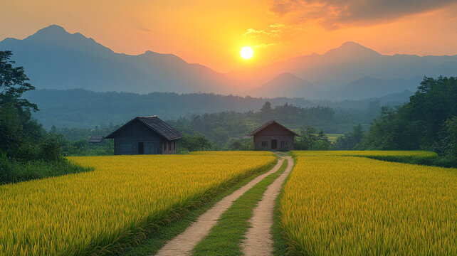 稻田遠山鄉(xiāng)村路
