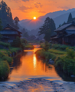 鄉(xiāng)村稻田日落景