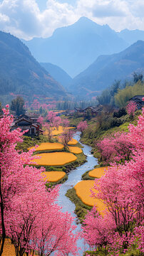 櫻花油菜花田園風(fēng)光