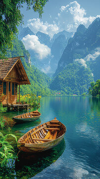 湖面船屋靜謐景