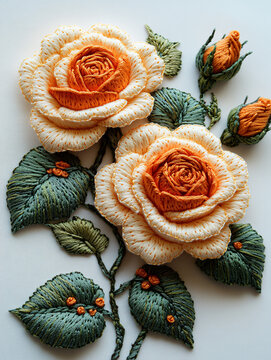 兩朵橙玫瑰刺繡
