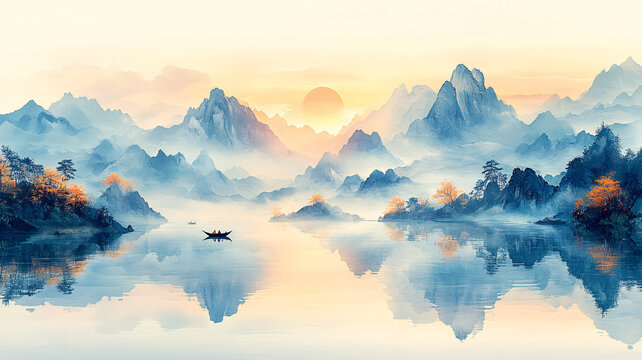山水湖面小舟圖